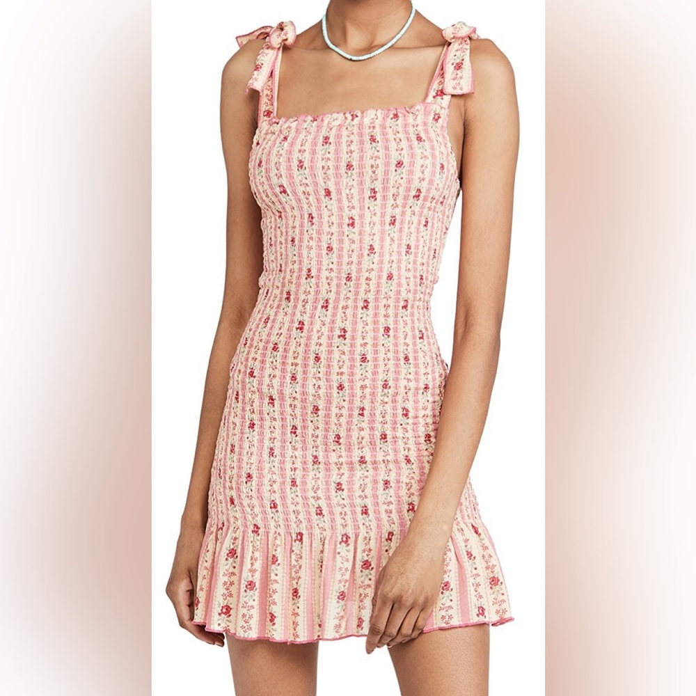 Playa Lucila Tie Shoulder Smock Dress Pink Floral medium